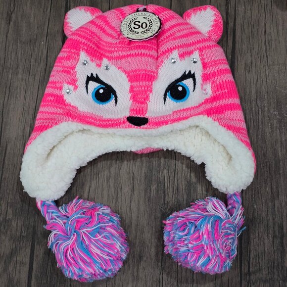 SO ✦ Pink Fox Critter Hat ✦ Kids Fleece-Lined Pom Ears Striped Winter Beanie S - Picture 2 of 10